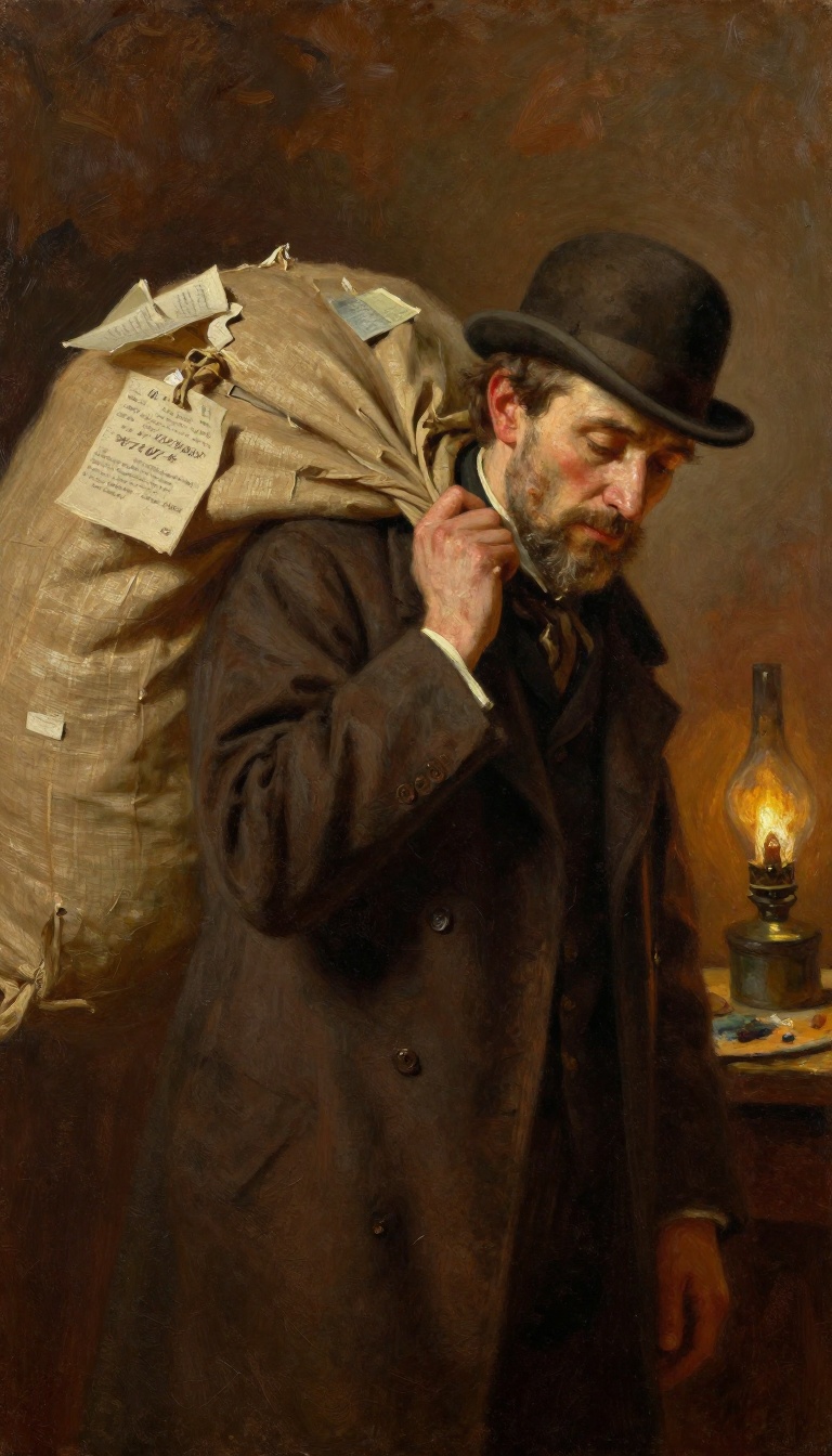 an oil-painting portrait close-up of a small weary middle-aged bagholder in a long dark sepia overcoat and weathered bowler hat, bent under a canvas sack covered in pinned paper labels, lit from the side by a single oil lamp