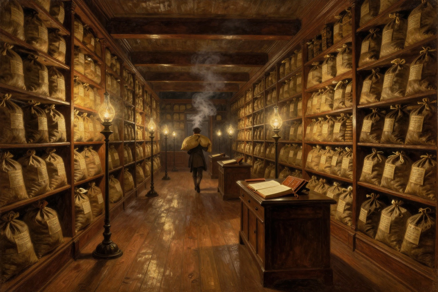 a wide oil-painting scene of an endless Victorian ledger room at night, floor-to-ceiling wooden shelves stacked with thousands of tagged canvas sacks, warm amber oil lamps on iron stands casting pools of light, a small figure walking slowly away down the long aisle with a sack over his shoulder